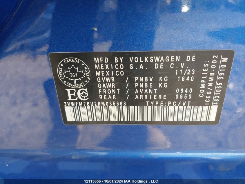 2024 Volkswagen Jetta VIN: 3VWFM7BU2RM035668 Lot: 12113656