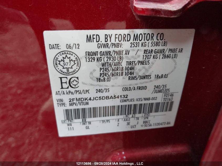 2013 Ford Edge Sel VIN: 2FMDK4JC5DBA54132 Lot: 12113686