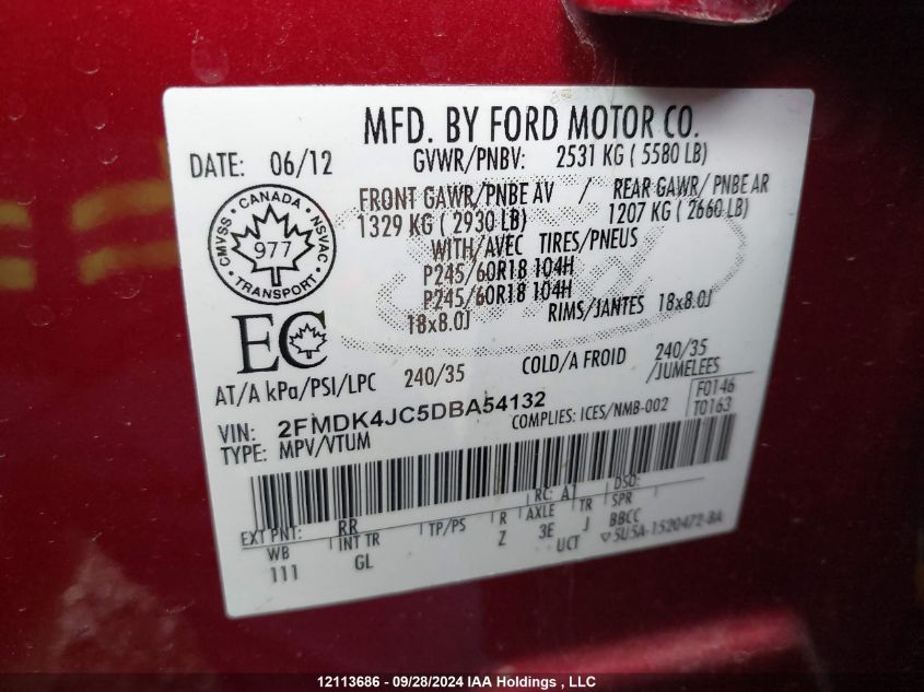 2013 Ford Edge Sel VIN: 2FMDK4JC5DBA54132 Lot: 12113686