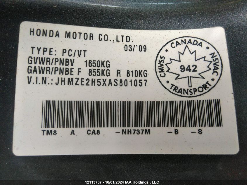 2010 Honda Insight VIN: JHMZE2H5XAS801057 Lot: 12113737