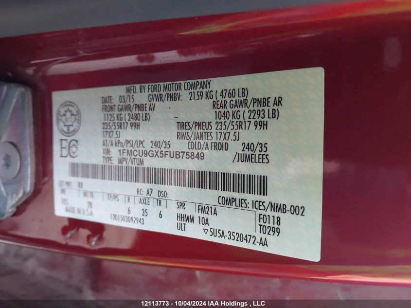 2015 Ford Escape Se VIN: 1FMCU9GX5FUB75849 Lot: 12113773