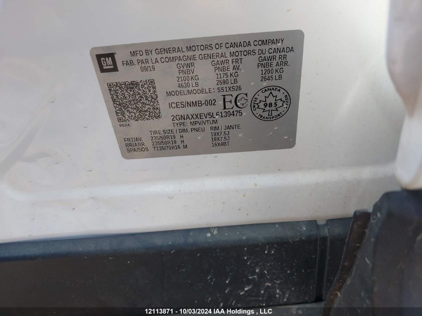 2020 Chevrolet Equinox VIN: 2GNAXXEV5L6139475 Lot: 12113871