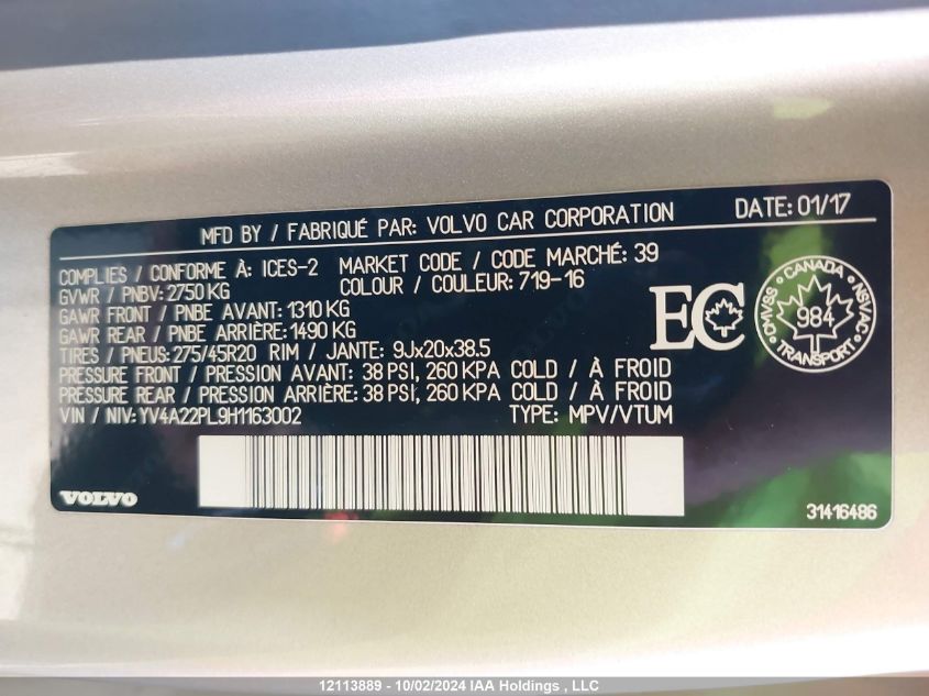 2017 Volvo Xc90 VIN: YV4A22PL9H1163002 Lot: 12113889