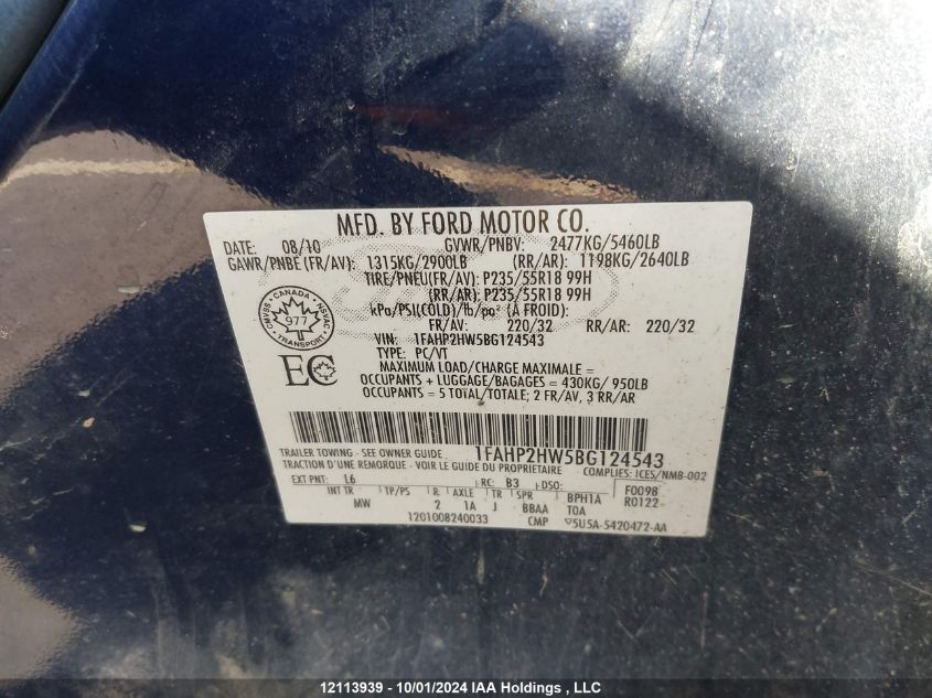 1FAHP2HW5BG124543 2011 Ford Taurus Sel