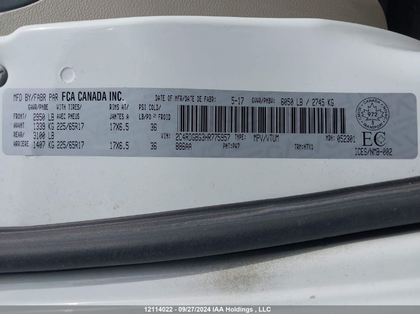 2017 Dodge Grand Caravan Cvp/Sxt VIN: 2C4RDGBG3HR775957 Lot: 12114022