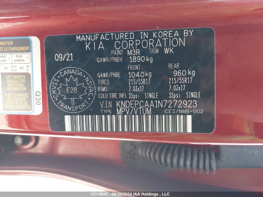 2022 Kia Seltos VIN: KNDEPCAA1N7272923 Lot: 12114047