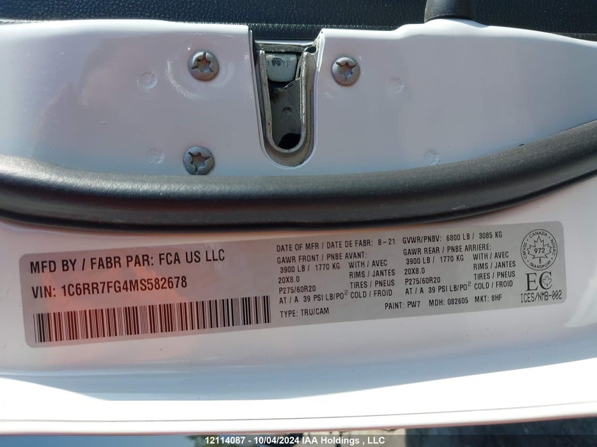 2021 Ram 1500 Classic Tradesman VIN: 1C6RR7FG4MS582678 Lot: 12114087