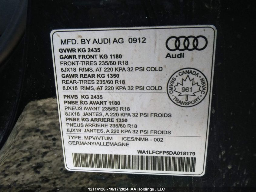 2013 Audi Q5 VIN: WA1LFCFP5DA018179 Lot: 12114126