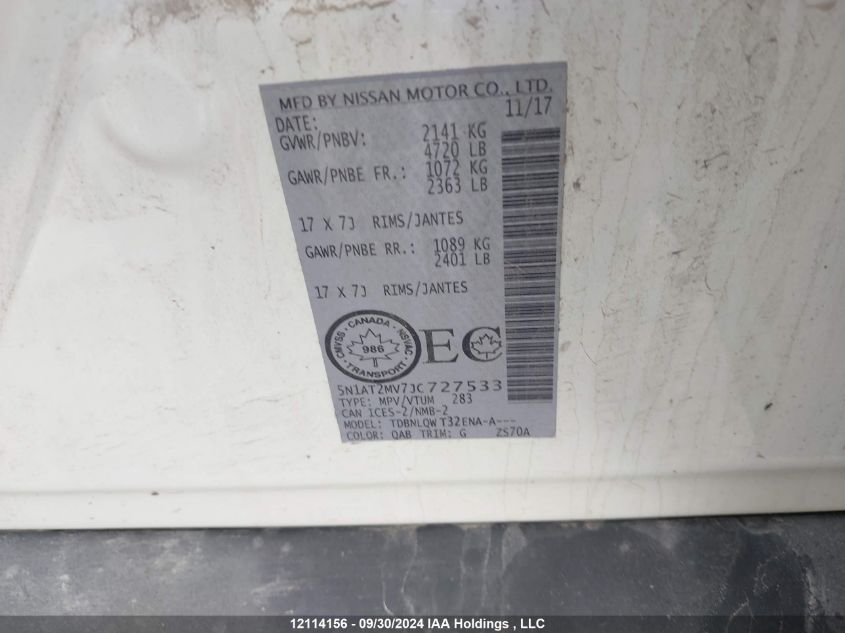 2018 Nissan Rogue VIN: 5N1AT2MV7JC727533 Lot: 12114156