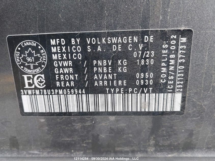 2023 Volkswagen Jetta VIN: 3VWFM7BU3PM059944 Lot: 12114254