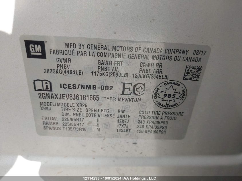 2018 Chevrolet Equinox VIN: 2GNAXJEV8J6181665 Lot: 12114293