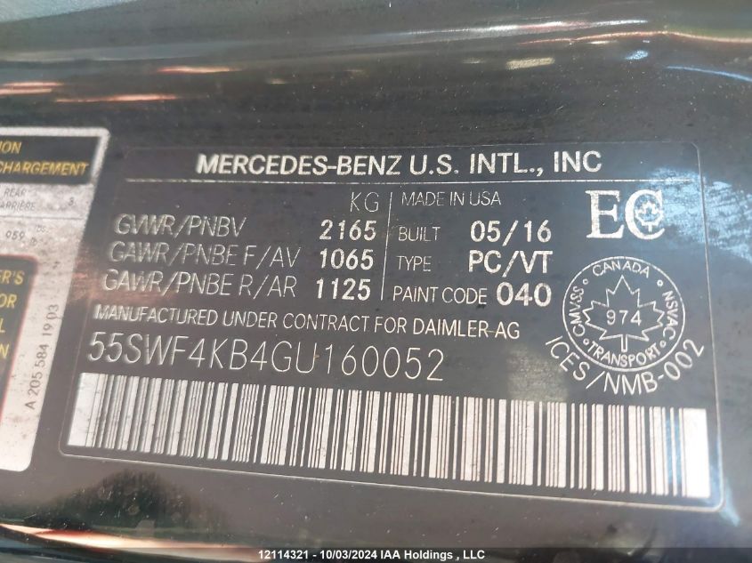 2016 Mercedes-Benz C-Class VIN: 55SWF4KB4GU160052 Lot: 12114321