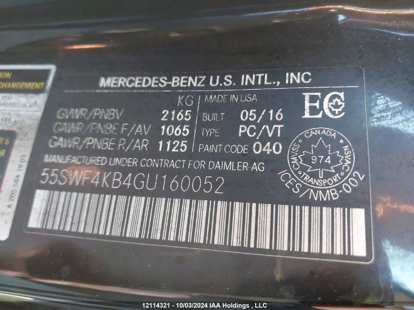 2016 Mercedes-Benz C-Class VIN: 55SWF4KB4GU160052 Lot: 12114321