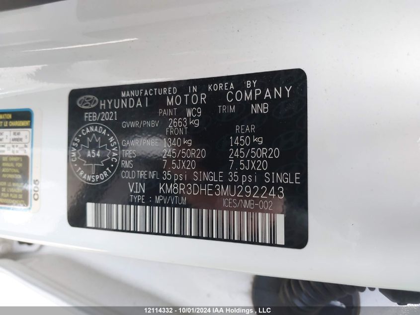 2021 Hyundai Palisade Sel VIN: KM8R3DHE3MU292243 Lot: 12114332