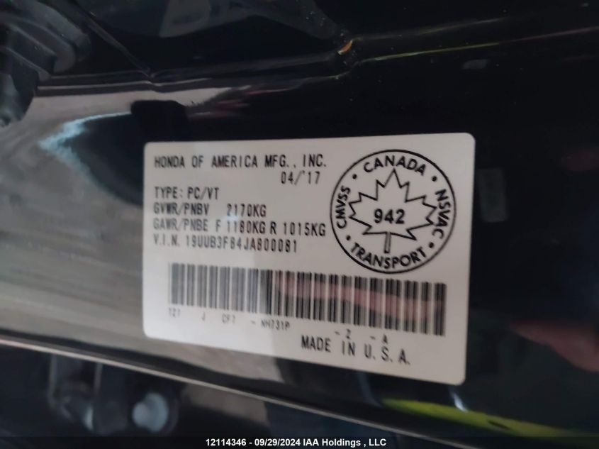 2018 Acura Tlx Elite VIN: 19UUB3F84JA800081 Lot: 12114346