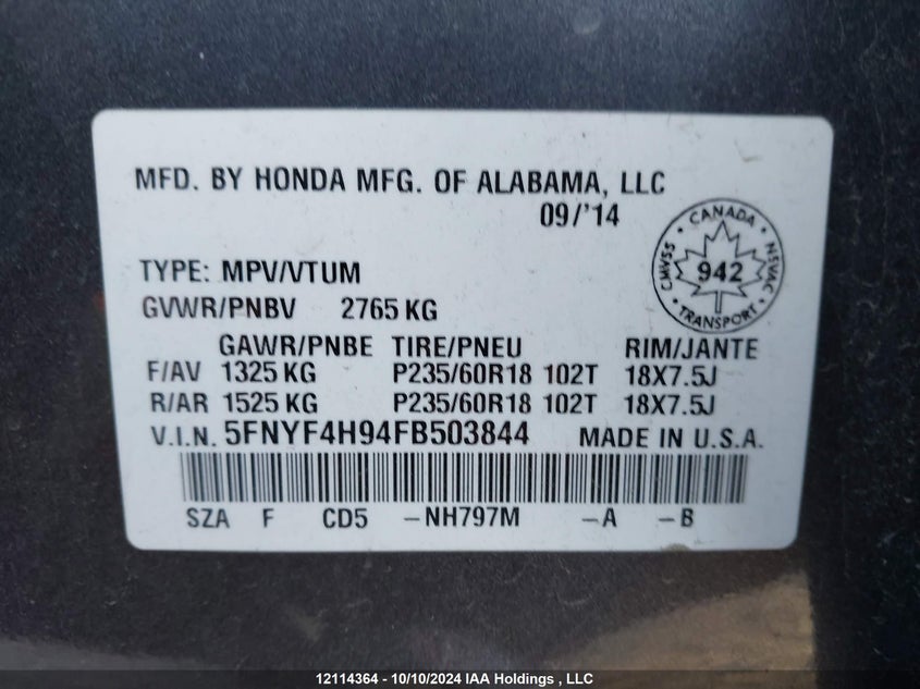 2015 Honda Pilot VIN: 5FNYF4H94FB503844 Lot: 12114364