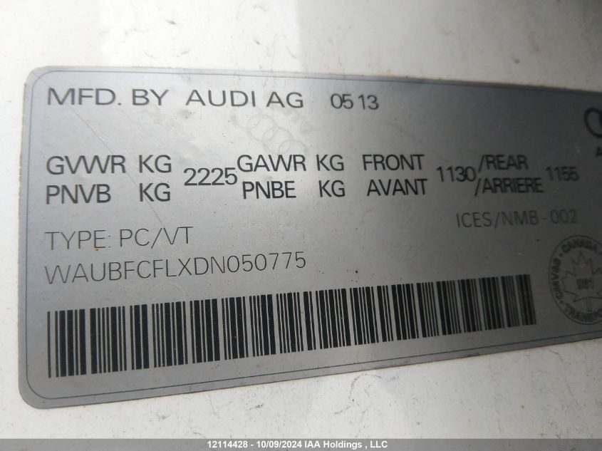 2013 Audi A4 VIN: WAUBFCFLXDN050775 Lot: 12114428