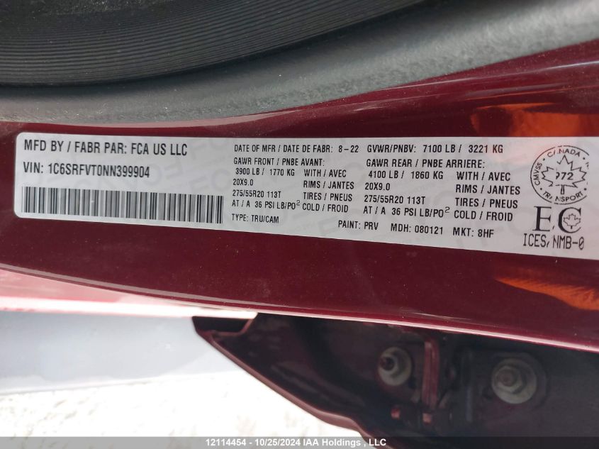 2022 Dodge Ram 1500 VIN: 1C6SRFVT0NN399904 Lot: 12114454