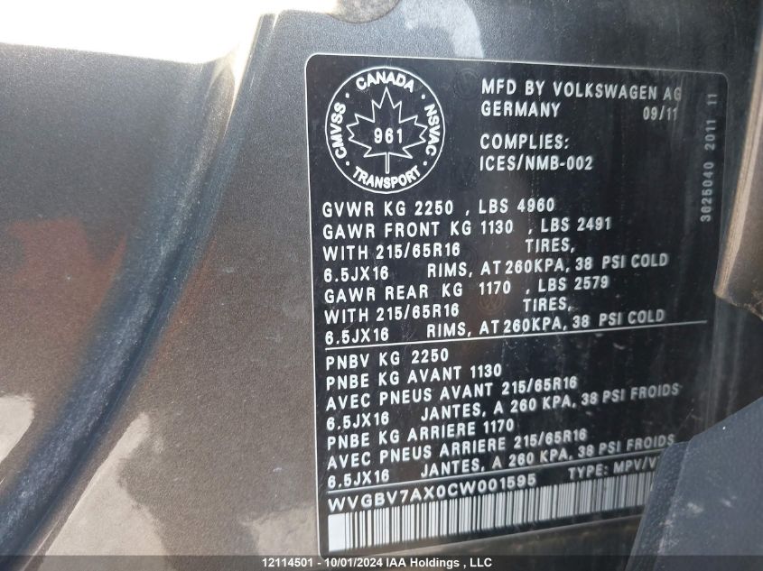 2012 Volkswagen Tiguan S/Se/Sel VIN: WVGBV7AX0CW001595 Lot: 12114501