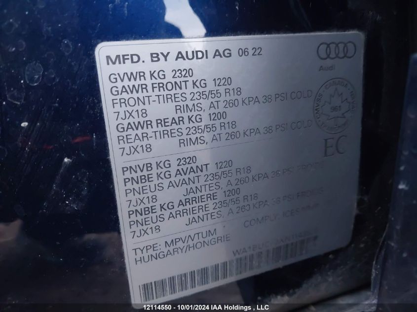 2022 Audi Q3 Premium Plus 40 VIN: WA1BUCF3XN1143825 Lot: 12114550