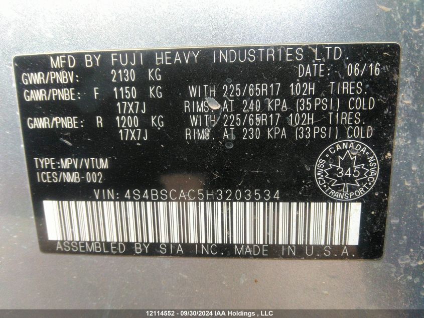 2017 Subaru Outback VIN: 4S4BSCAC5H3203534 Lot: 12114552