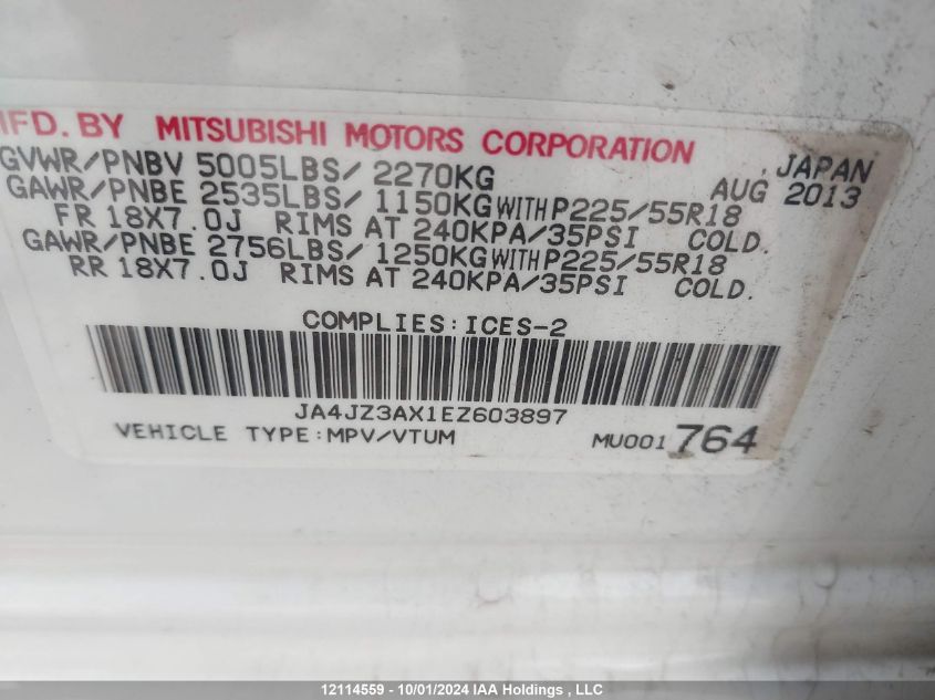 2014 Mitsubishi Outlander VIN: JA4JZ3AX1EZ603897 Lot: 12114559