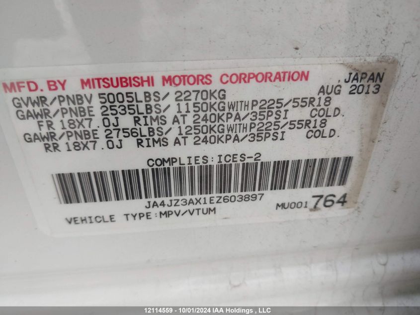 2014 Mitsubishi Outlander VIN: JA4JZ3AX1EZ603897 Lot: 12114559