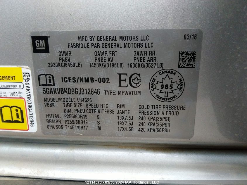 5GAKVBKD9GJ312846 2016 Buick Enclave