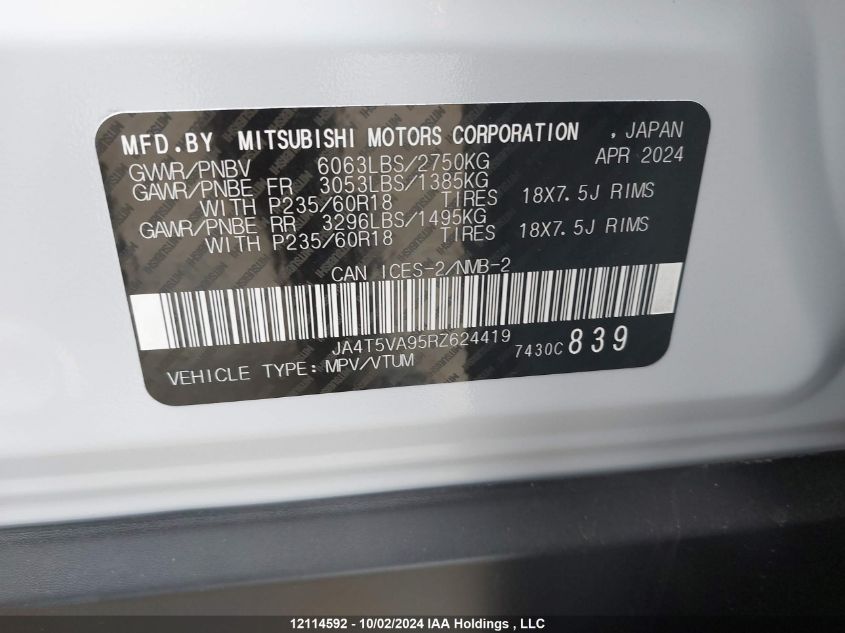 2024 Mitsubishi Outlander Se/Ralliart VIN: JA4T5VA95RZ624419 Lot: 12114592