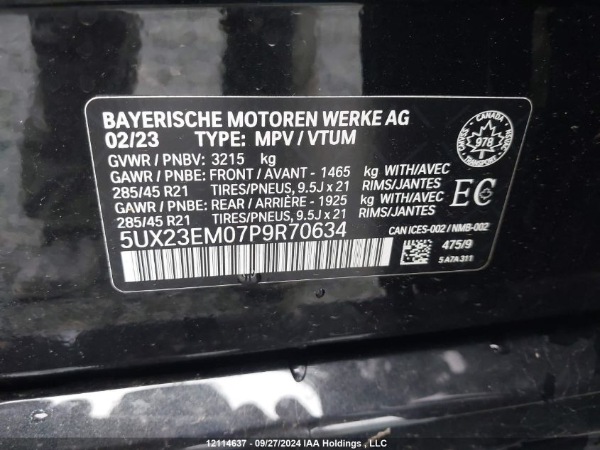 2023 BMW X7 VIN: 5UX23EM07P9R70634 Lot: 12114637