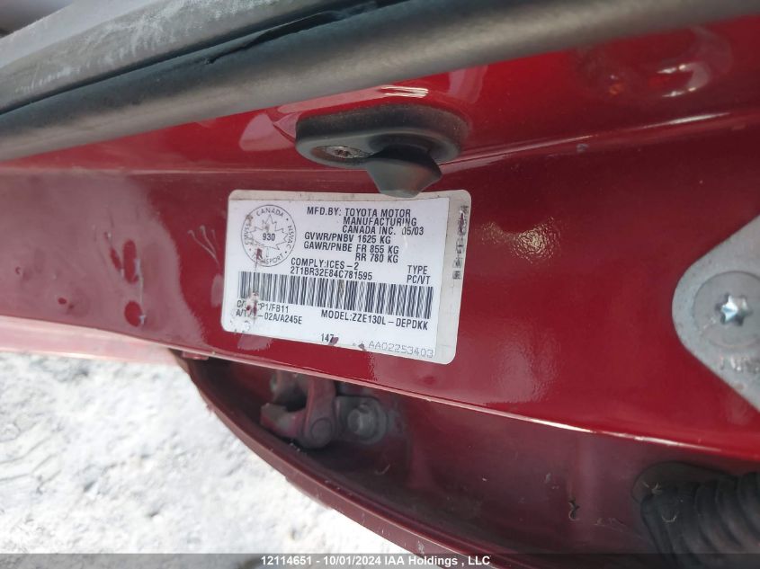 2004 Toyota Corolla Ce/Le/S VIN: 2T1BR32E84C781595 Lot: 12114651