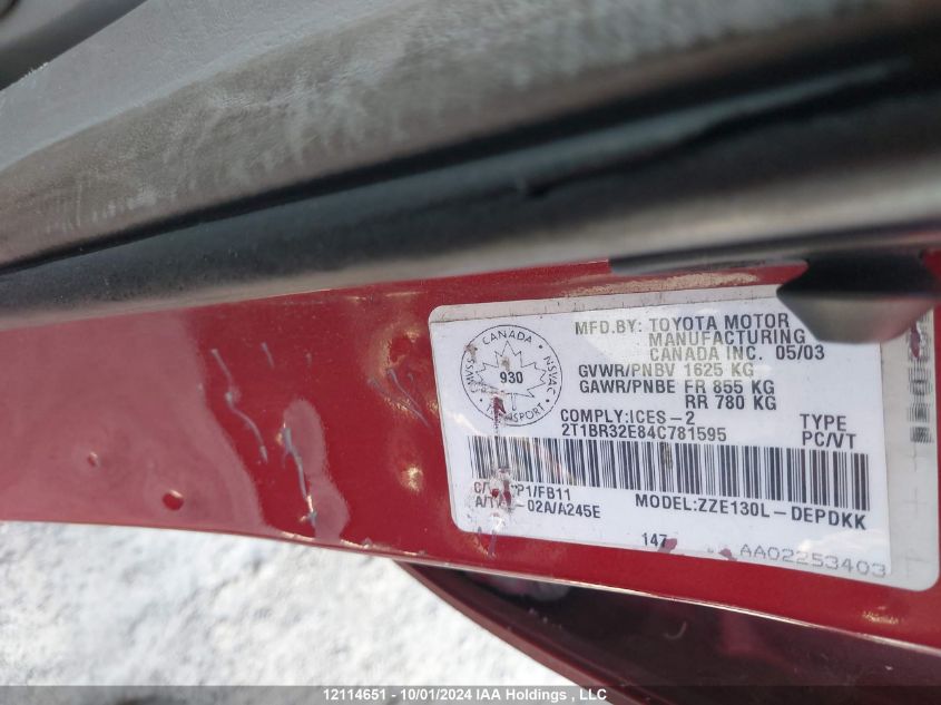 2004 Toyota Corolla Ce/Le/S VIN: 2T1BR32E84C781595 Lot: 12114651