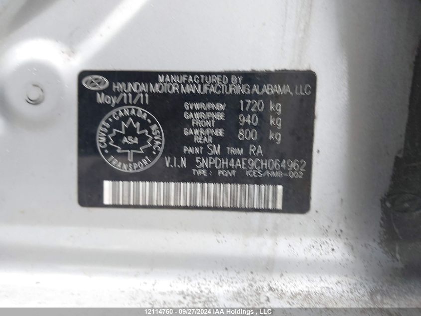 2012 Hyundai Elantra Gls/Limited VIN: 5NPDH4AE9CH064962 Lot: 12114750