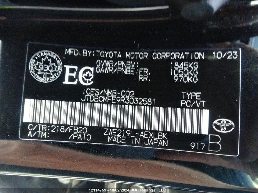 JTDBCMFE9R3032581 2024 Toyota Corolla Hybrid Le