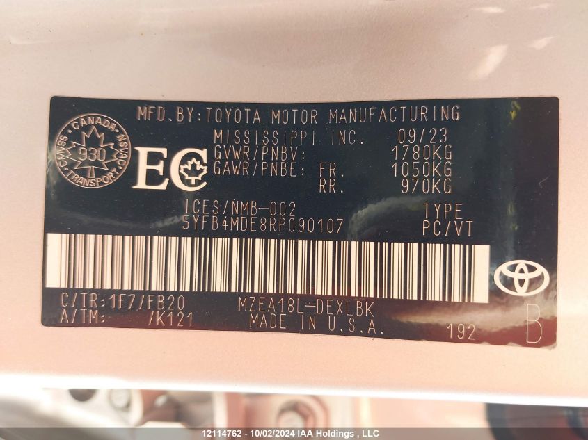 2024 Toyota Corolla Le VIN: 5YFB4MDE8RP090107 Lot: 12114762