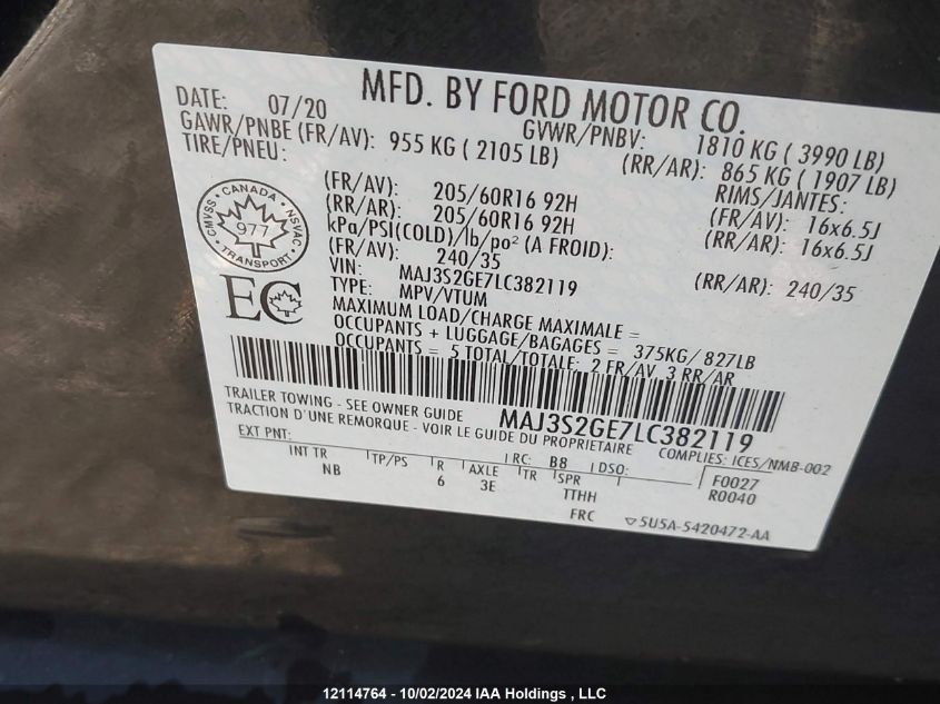 2020 Ford Ecosport Se VIN: MAJ3S2GE7LC382119 Lot: 12114764