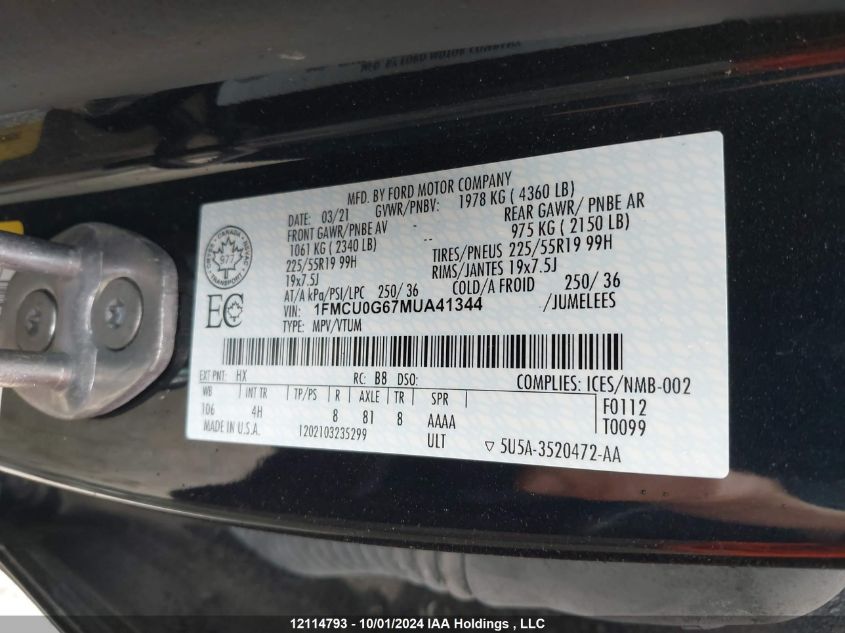 2021 Ford Escape Se VIN: 1FMCU0G67MUA41344 Lot: 12114793