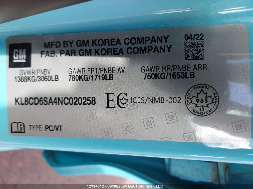 2022 Chevrolet Spark VIN: KL8CD6SA4NC020258 Lot: 12114812