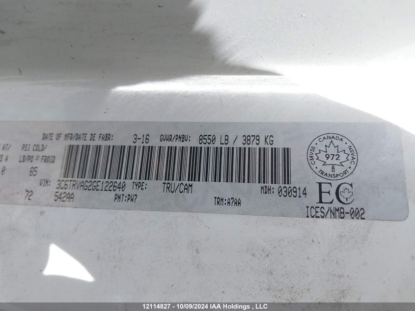 2016 Ram Promaster 1500 Low Roof VIN: 3C6TRVAG2GE122640 Lot: 12114827