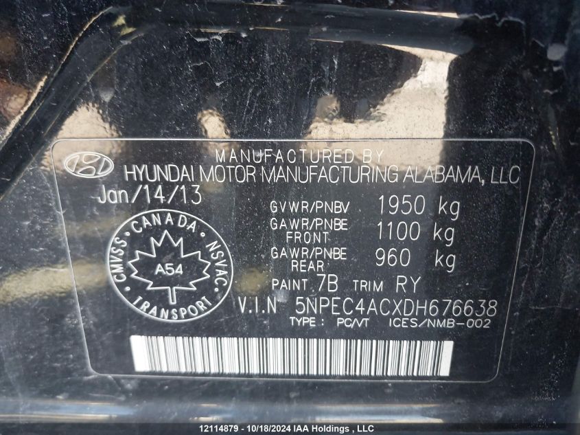 2013 Hyundai Sonata Se/Limited VIN: 5NPEC4ACXDH676638 Lot: 12114879
