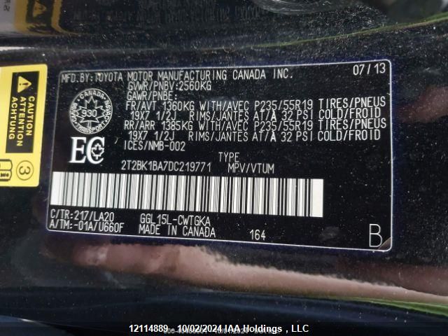 2013 Lexus Rx 350/Base/F Sport VIN: 2T2BK1BA7DC219771 Lot: 12114889