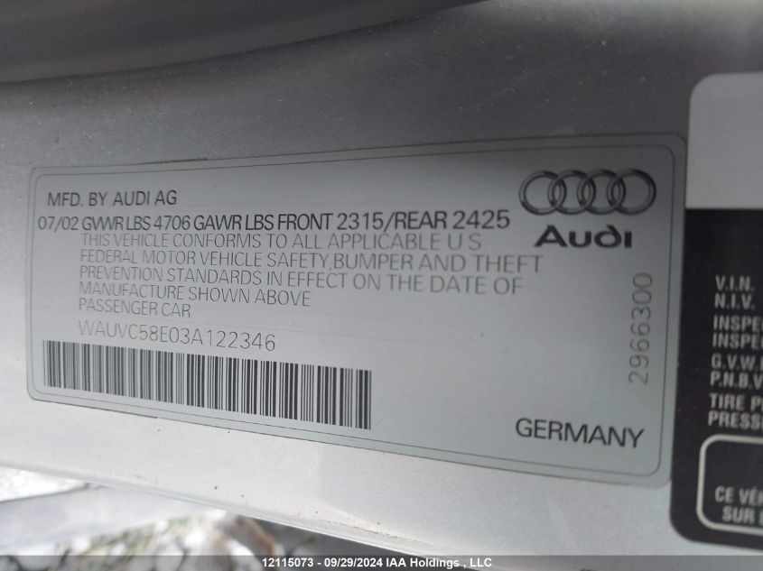 2003 Audi A4 VIN: WAUVC58E03A122346 Lot: 12115073