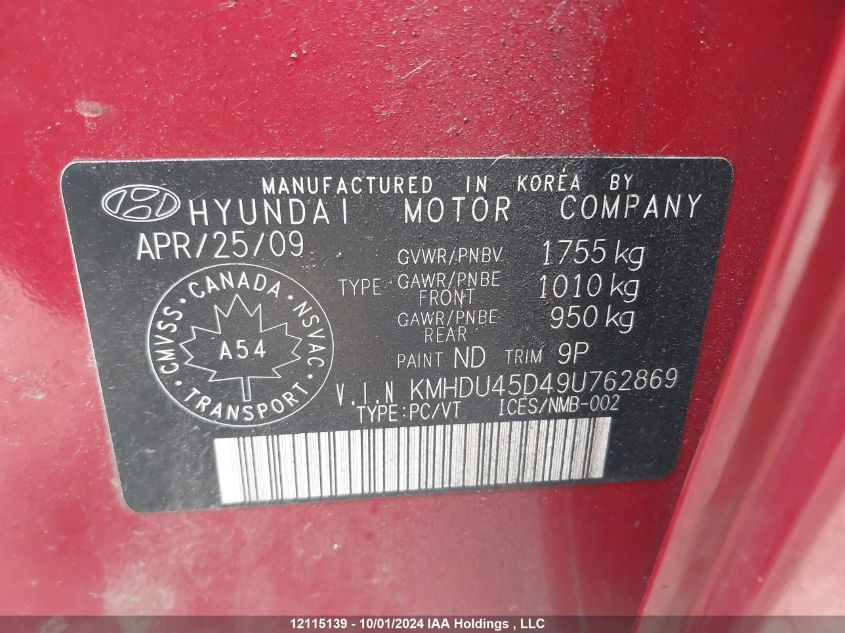 KMHDU45D49U762869 2009 Hyundai Elantra Gls/Se