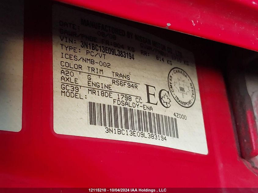 2009 Nissan Versa 1.8S VIN: 3N1BC13E09L383194 Lot: 12115210