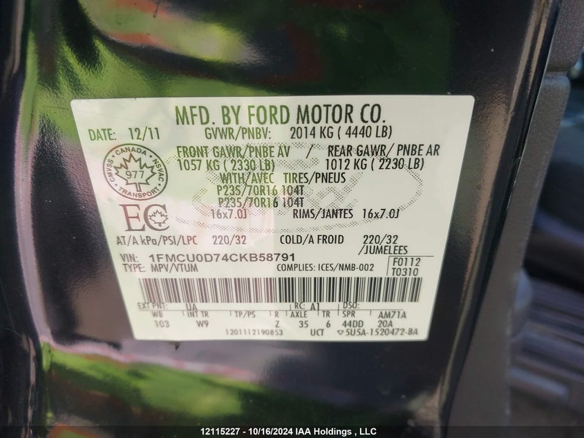 2012 Ford Escape Xlt VIN: 1FMCU0D74CKB58791 Lot: 12115227