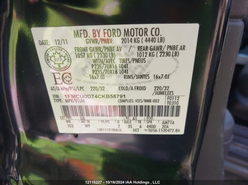 2012 Ford Escape Xlt VIN: 1FMCU0D74CKB58791 Lot: 12115227