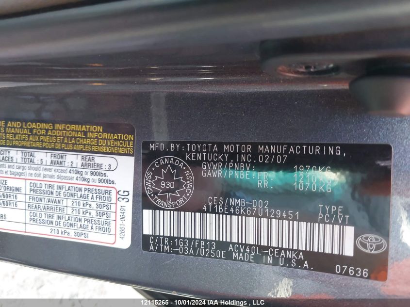 4T1BE46K67U129451 2007 Toyota Camry Ce/Le/Xle/Se