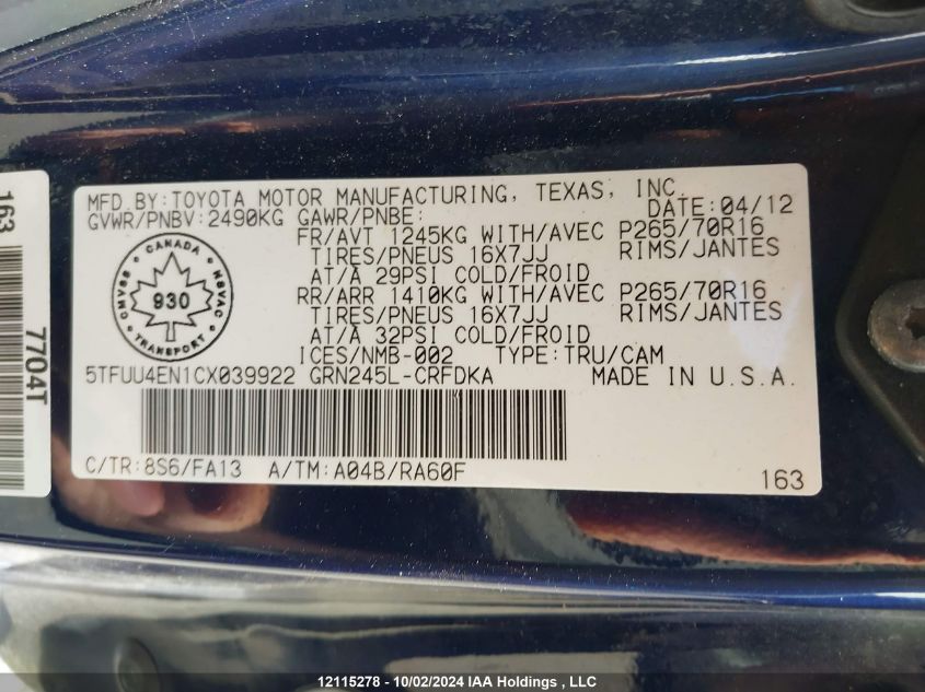 2012 Toyota Tacoma VIN: 5TFUU4EN1CX039922 Lot: 12115278