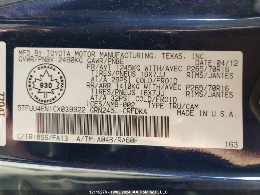 2012 Toyota Tacoma VIN: 5TFUU4EN1CX039922 Lot: 12115278