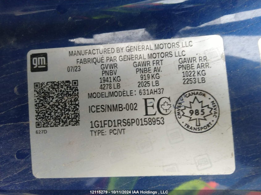 2023 Chevrolet Camaro VIN: 1G1FD1RS6P0158953 Lot: 12115279